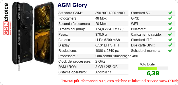 AGM Glory Dati tecnici di telefono cellulare 