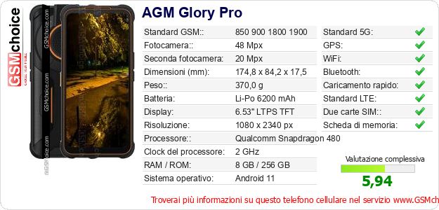 AGM Glory Pro Dati tecnici di telefono cellulare AGM Glory Pro Dati tecnici di telefono cellulare