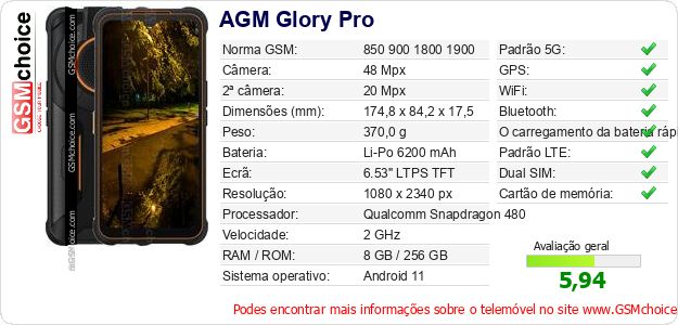 AGM Glory Pro Especificações técnicas do telemóvel AGM Glory Pro Especificações técnicas do telemóvel