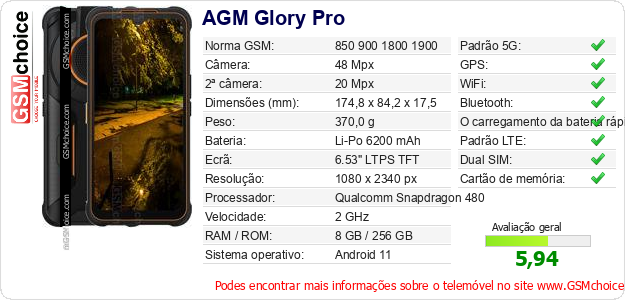 AGM Glory Pro Especificações técnicas do telemóvel 