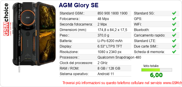 AGM Glory SE Dati tecnici di telefono cellulare 