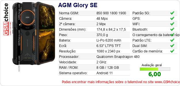 AGM Glory SE Especificações técnicas do telemóvel AGM Glory SE Especificações técnicas do telemóvel