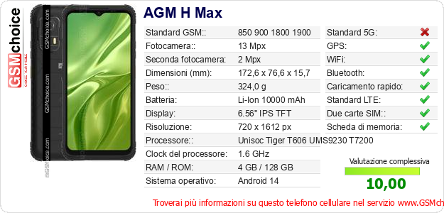 AGM H Max Dati tecnici di telefono cellulare AGM H Max Dati tecnici di telefono cellulare
