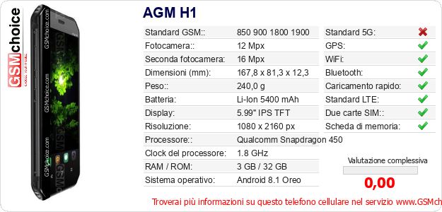 AGM H1 Dati tecnici di telefono cellulare AGM H1 Dati tecnici di telefono cellulare