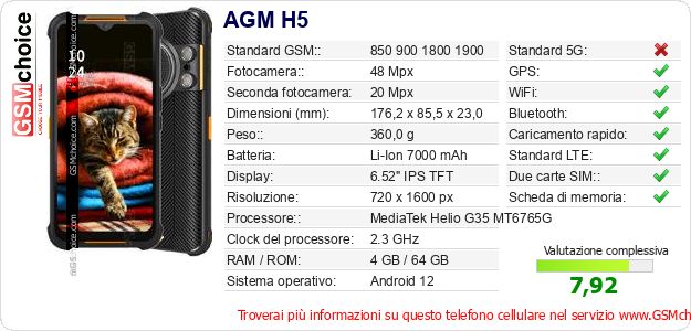 AGM H5 Dati tecnici di telefono cellulare AGM H5 Dati tecnici di telefono cellulare