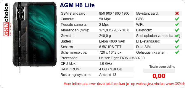 AGM H6 Lite Technische gegevens 