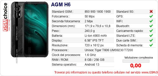 AGM H6 Dati tecnici di telefono cellulare AGM H6 Dati tecnici di telefono cellulare