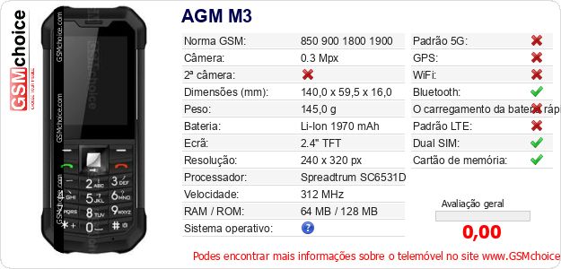 AGM M3 Especificações técnicas do telemóvel AGM M3 Especificações técnicas do telemóvel