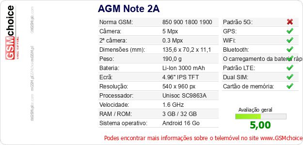 AGM Note 2A Especificações técnicas do telemóvel AGM Note 2A Especificações técnicas do telemóvel