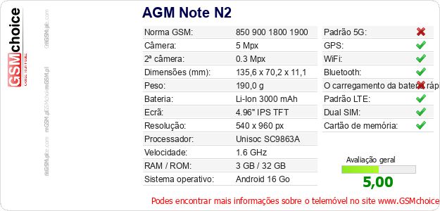 AGM Note N2 Especificações técnicas do telemóvel AGM Note N2 Especificações técnicas do telemóvel