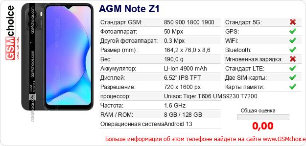 AGM Note Z1 Технические данные телефона AGM Note Z1 Технические данные телефона
