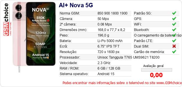 AI+ Nova 5G Especificações técnicas do telemóvel AI+ Nova 5G Especificações técnicas do telemóvel