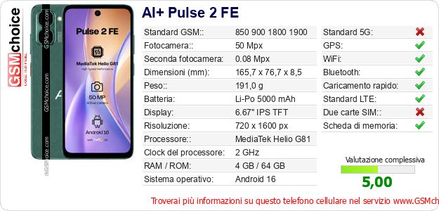 AI+ Pulse 2 FE Dati tecnici di telefono cellulare 
