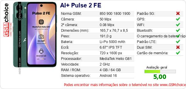 AI+ Pulse 2 FE Especificações técnicas do telemóvel AI+ Pulse 2 FE Especificações técnicas do telemóvel