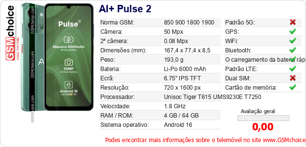 AI+ Pulse 2 Especificações técnicas do telemóvel AI+ Pulse 2 Especificações técnicas do telemóvel