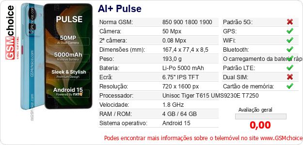 AI+ Pulse Especificações técnicas do telemóvel AI+ Pulse Especificações técnicas do telemóvel