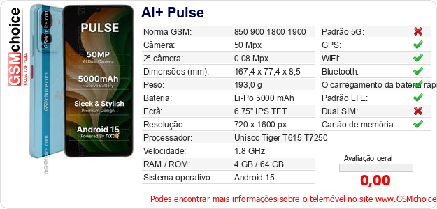 AI+ Pulse Especificações técnicas do telemóvel AI+ Pulse Especificações técnicas do telemóvel
