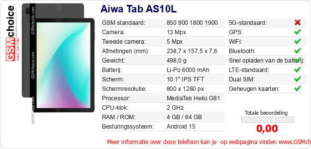 Aiwa Tab AS10L Technische gegevens Aiwa Tab AS10L Technische gegevens
