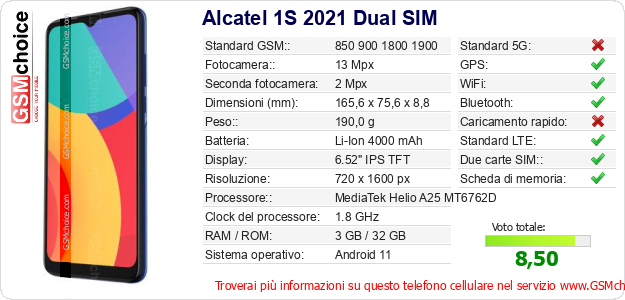 Alcatel 1S 2021 Dual SIM Dati tecnici di telefono cellulare 