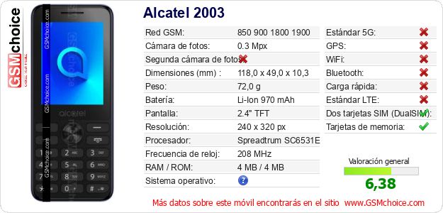 Alcatel 2003 Datos técnicos del móvil 