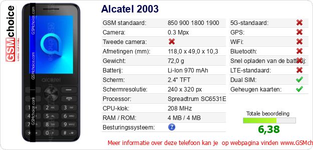 Alcatel 2003 Technische gegevens Alcatel 2003 Technische gegevens