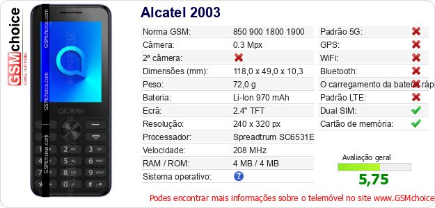 Alcatel 2003 Especificações técnicas do telemóvel 