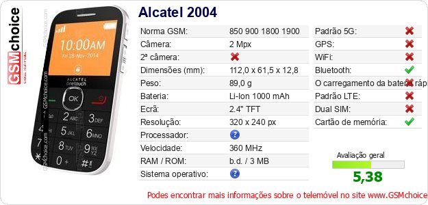 Alcatel 2004 Especificações técnicas do telemóvel Alcatel 2004 Especificações técnicas do telemóvel