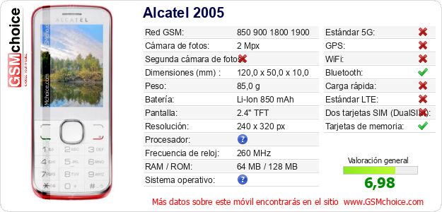 Alcatel 2005 Datos técnicos del móvil Alcatel 2005 Datos técnicos del móvil