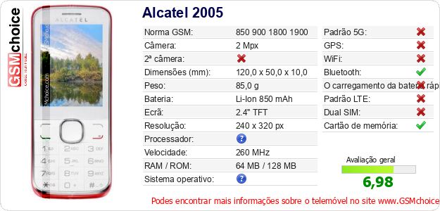 Alcatel 2005 Especificações técnicas do telemóvel Alcatel 2005 Especificações técnicas do telemóvel