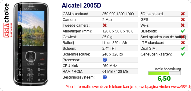 Alcatel 2005D Technische gegevens Alcatel 2005D Technische gegevens