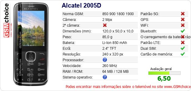 Alcatel 2005D Especificações técnicas do telemóvel 