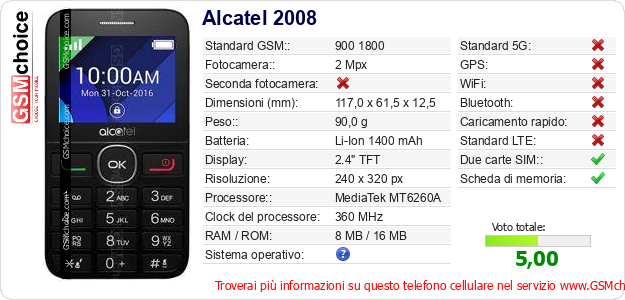 Alcatel 2008 Dati tecnici di telefono cellulare 