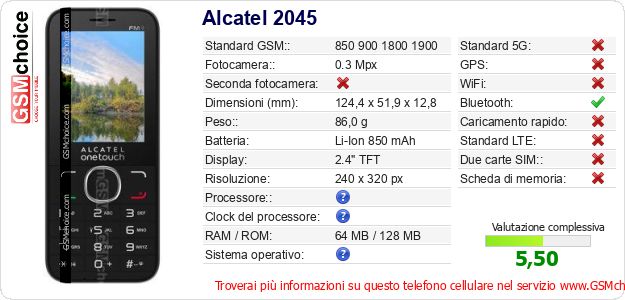 Alcatel 2045 Dati tecnici di telefono cellulare Alcatel 2045 Dati tecnici di telefono cellulare