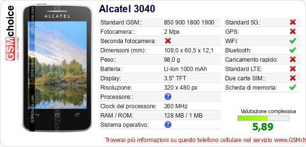 Alcatel 3040 Dati tecnici di telefono cellulare Alcatel 3040 Dati tecnici di telefono cellulare