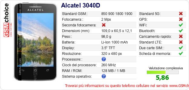Alcatel 3040D Dati tecnici di telefono cellulare 