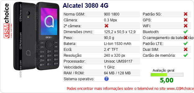 Alcatel 3080 4G Especificações técnicas do telemóvel Alcatel 3080 4G Especificações técnicas do telemóvel
