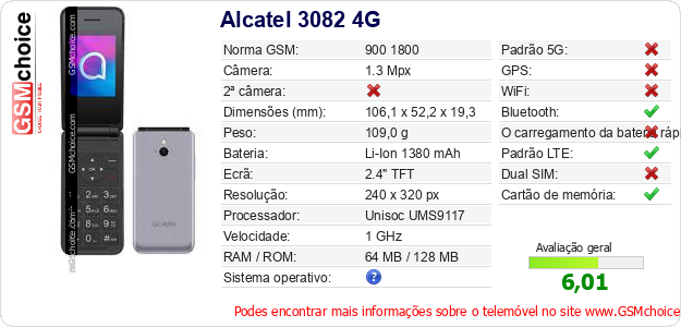 Alcatel 3082 4G Especificações técnicas do telemóvel 
