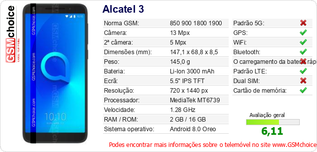 Alcatel 3 Especificações técnicas do telemóvel Alcatel 3 Especificações técnicas do telemóvel
