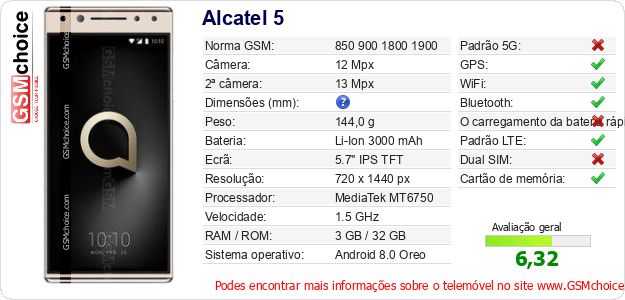 Alcatel 5 Especificações técnicas do telemóvel Alcatel 5 Especificações técnicas do telemóvel