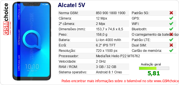 Alcatel 5V Especificações técnicas do telemóvel Alcatel 5V Especificações técnicas do telemóvel