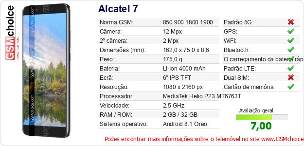 Alcatel 7 Especificações técnicas do telemóvel 