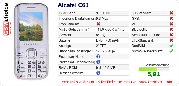 Alcatel C60 technische Daten Alcatel C60 technische Daten