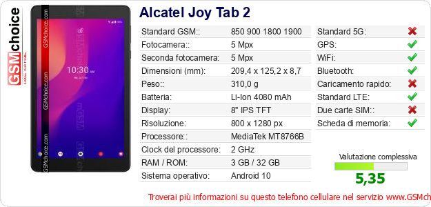 Alcatel Joy Tab 2 Dati tecnici di telefono cellulare 