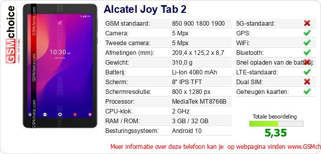 Alcatel Joy Tab 2 Technische gegevens Alcatel Joy Tab 2 Technische gegevens