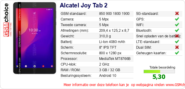 Alcatel Joy Tab 2 Technische gegevens Alcatel Joy Tab 2 Technische gegevens