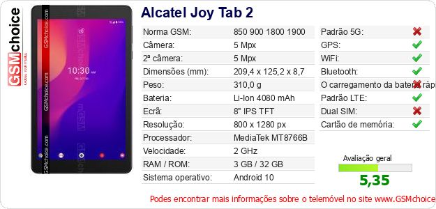 Alcatel Joy Tab 2 Especificações técnicas do telemóvel Alcatel Joy Tab 2 Especificações técnicas do telemóvel