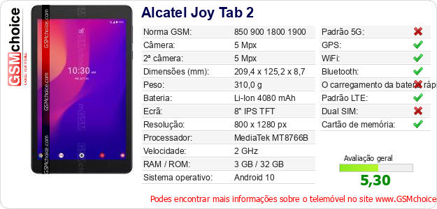Alcatel Joy Tab 2 Especificações técnicas do telemóvel 