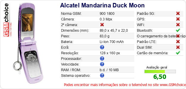 Alcatel Mandarina Duck Moon Especificações técnicas do telemóvel Alcatel Mandarina Duck Moon Especificações técnicas do telemóvel