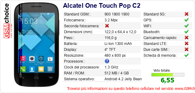Alcatel One Touch Pop C2 Dati tecnici di telefono cellulare Alcatel One Touch Pop C2 Dati tecnici di telefono cellulare