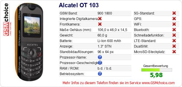 Alcatel OT 103 technische Daten Alcatel OT 103 technische Daten
